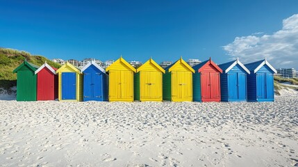Naklejka premium colorful beach huts lined up along the shore, with soft sand and a bright blue sky above