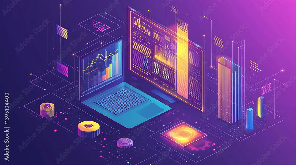 Poster isometric data analysis with laptop and charts for business intelligence and analytics visualization