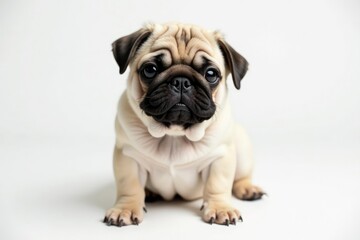 Obraz premium Small wrinkly pug, looking at camera, pure white backdrop, isolated dog, adorable, white background photography