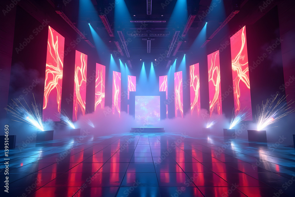 Poster immersive stage design, a grand sprawling setup with towering screens, dynamic lighting, and energet