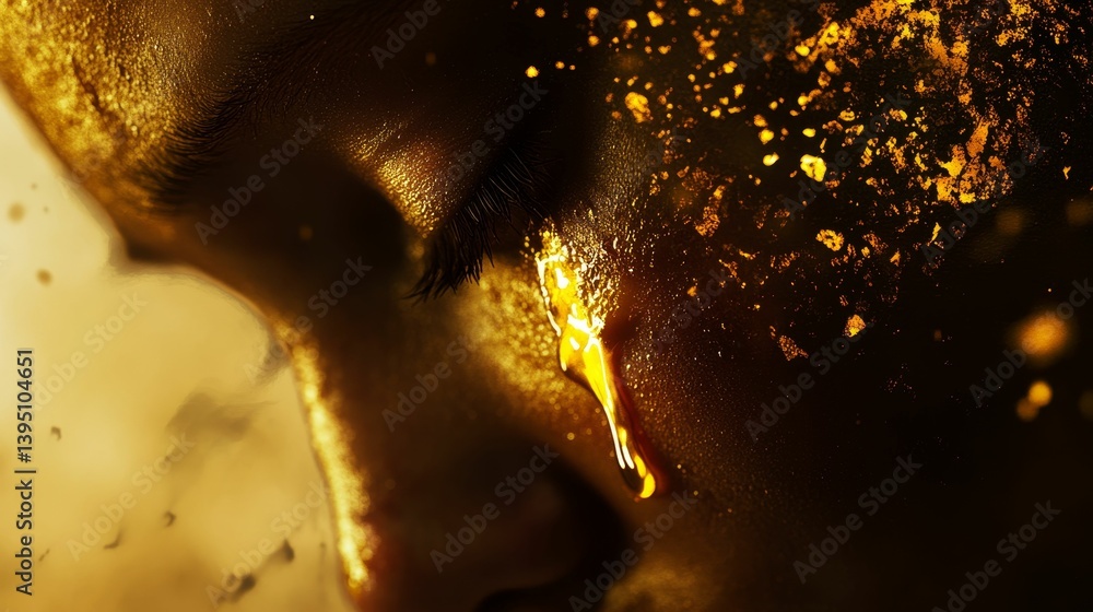 Poster abstract golden textured background with blurred shapes and glowing particles.