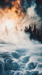 Fototapeta premium Winter mountain sunrise with glowing smoke and snow trail leading toward frosted pine forest