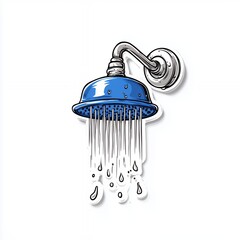 Blue Pixel Art Showerhead Illustration with Water Droplets