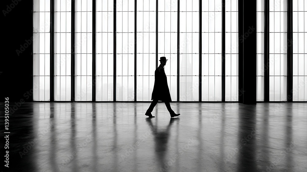 Aufkleber silhouette of a person walking in a large modern building with large windows and a reflective floor.