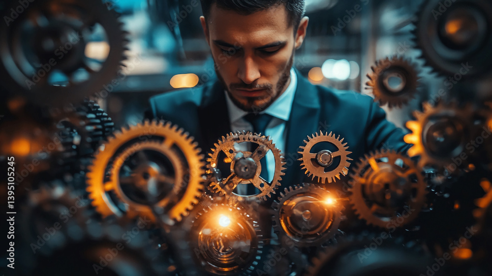 Poster man in suit with gears and cogs concept for business strategy and engineering innovation and technol