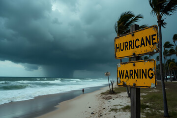 Imminent danger, A weathered hurricane warning sign stands against a backdrop of an approaching storm on a deserted beach, signifying the severity and potential hazards of the event