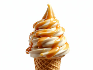 Indulge in a Delicious Treat, A High-Resolution Image of Vanilla Soft Serve Ice Cream with a Generous Drizzle of Sweet Caramel Sauce on a Waffle Cone