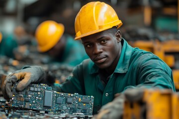 Technician inspecting circuit board in electronics recycling facility
