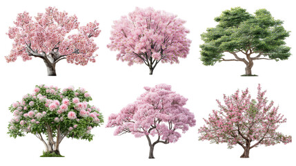 A Stunning Collection of Four Vibrant Trees with Beautiful Pink Blossoms Set Against a Clean White Background in Realistic Style