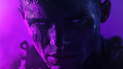 Person's face with dark skin and glowing eyes in a