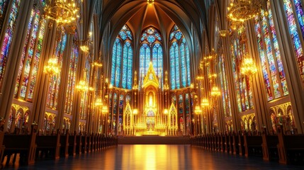 Fototapeta premium Gothic cathedral with intricate stained glass windows, golden chandeliers, and a celestial aura