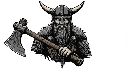 Obraz premium Fierce Viking Warrior with Horned Helmet and Braided Beard Emblem
