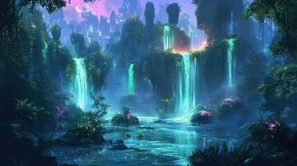 Obraz premium Lush, mystical waterfalls cascade down vibrant, surreal rock formations in a serene, tropical forest