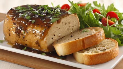 Sliced savory meatloaf with rich brown gravy, served with toasted bread and fresh green salad.