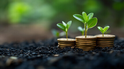 Investment growth concept with money coins and plant growing for financial business and future planning