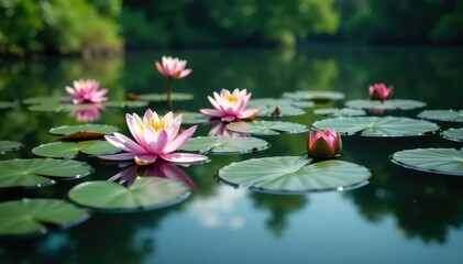 Water lilies forming a natural floral pattern across a still lake, fresh, stillwater, bloom