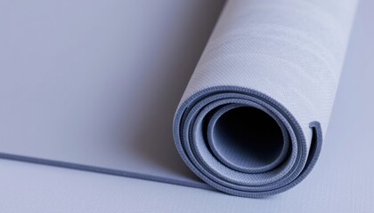 Rolled Light Blue Yoga Mat on Grey Surface