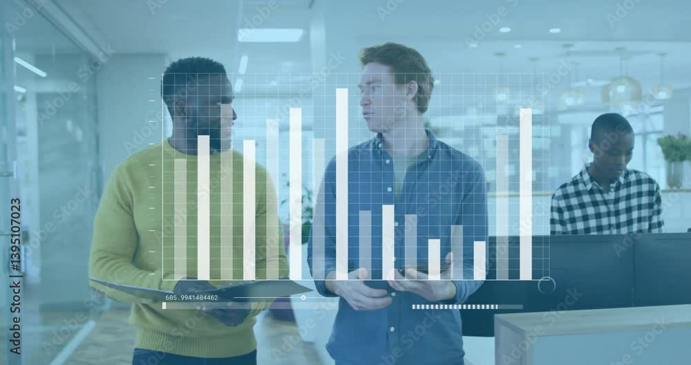 Poster discussing data analytics with bar graph animation, business professionals in office