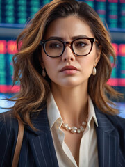 A woman wearing glasses is saddened by the stock market crash