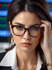 A woman wearing glasses is saddened by the stock market crash