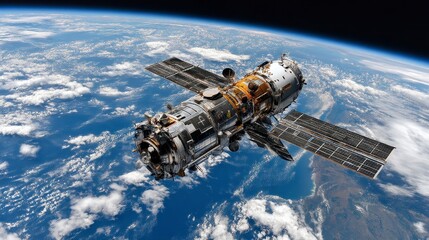 Fototapeta premium Space station orbiting Earth, viewed from space. Clouds and landmasses are visible below. The station is large and complex, with solar panels and various modules.