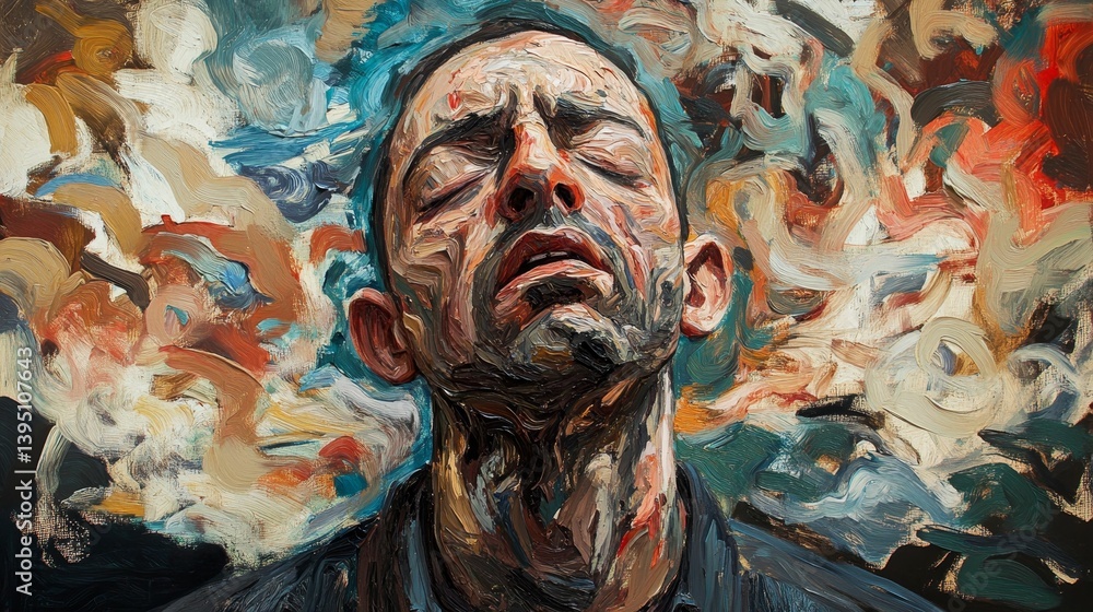 Poster man with eyes closed surrounded by abstract colorful swirling shapes