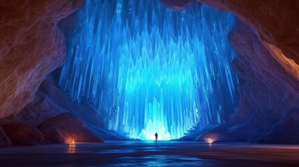 Naklejka premium Secret underground palace carved into a glowing crystal cavern, shimmering blue light everywhere