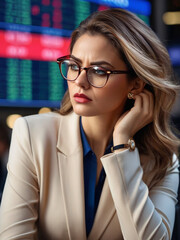 A woman wearing glasses is saddened by the stock market crash