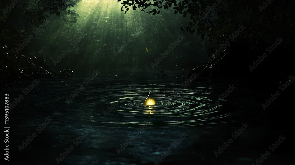 Poster dark water reflects light in a forest setting with trees