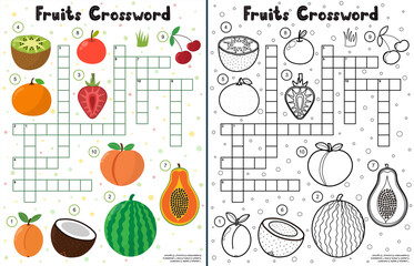 Fruits crossword set. Educational activity pages in color and in black and white. Summer fruits puzzle game with apple, watermelon, strawberry, coconut and others. Vector illustration