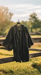 Black Graduation Gown Hanging on Rustic Fence in Sunny Field
