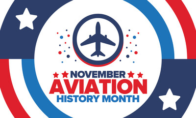 Obraz premium Aviation History Month in United States. Holiday in November. Design with airplane and american flag. Poster, card, banner and background. Vector illustration
