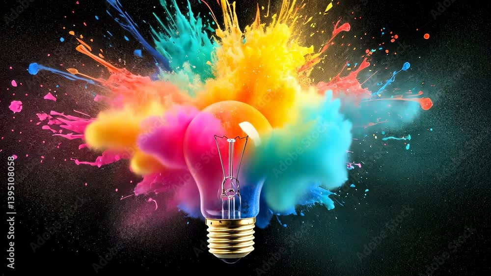 Poster creative light splashes explodes with colorful paint and bulb on a black background. think different