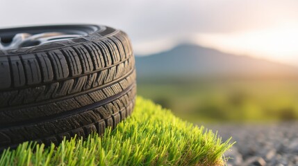 Fototapeta premium Black Tire on Green Grass Against a Mountain Sunset