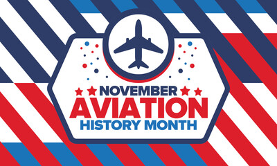 Obraz premium Aviation History Month in United States. Holiday in November. Design with airplane and american flag. Poster, card, banner and background. Vector illustration