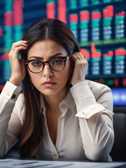 A woman wearing glasses is saddened by the stock market crash