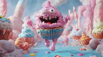 A monster shaped like a cupcake frosting dancing in a candyland 