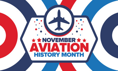 Aviation History Month in United States. Holiday in November. Design with airplane and american flag. Poster, card, banner and background. Vector illustration