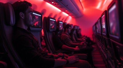 A man enjoys in-flight entertainment on a red-lit airplane.  The mood is relaxing and futuristic. Perfect for travel and technology websites.