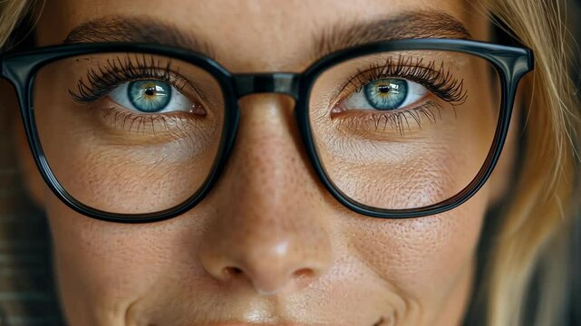 Close-up of a woman's face with black frame glasses showcasing bright blue eyes and natural skin texture in a neutral setting