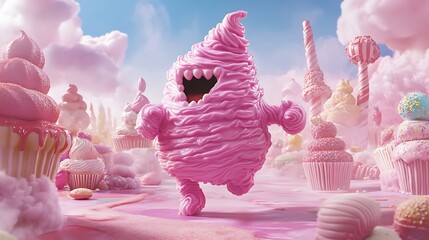 A monster shaped like a cupcake frosting dancing in a candyland 