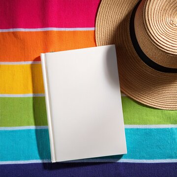 mockup de un cyuaderno blanco sobre una toalla de playa con rayas de arco&iacute;ris, Fotograf&iacute;a de producto.