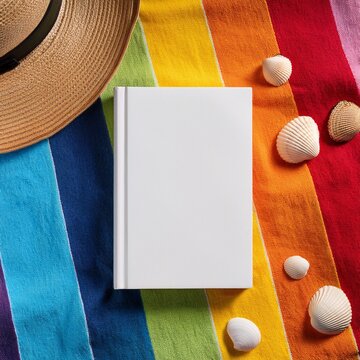 mockup de un cyuaderno blanco sobre una toalla de playa con rayas de arco&iacute;ris, Fotograf&iacute;a de producto.