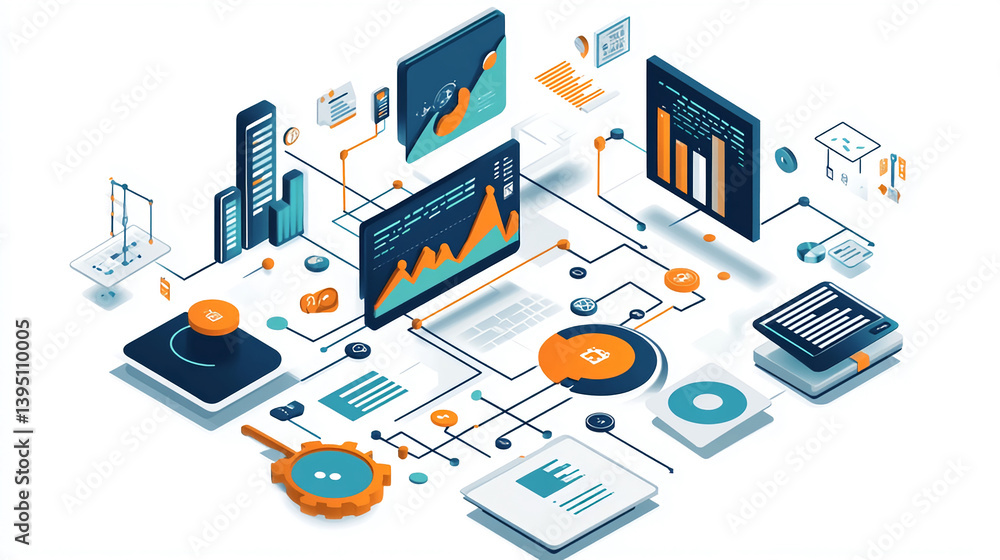 Poster isometric data analysis visualization for business intelligence and analytics dashboard concept