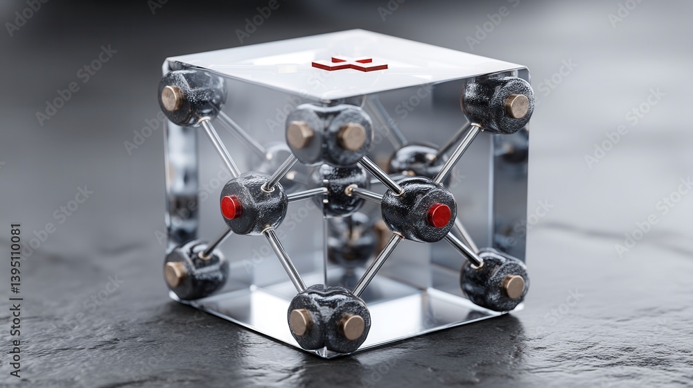 Poster abstract 3d rendering of a transparent cube with internal metallic structure and red accents on a gr