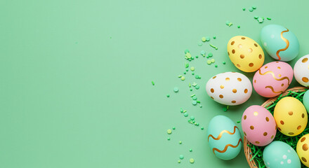 Mint Green Easter Background with Decorated Eggs and Wicker Basket