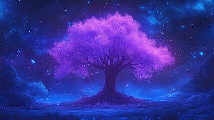 Enchanted, luminous tree bathed in ethereal light