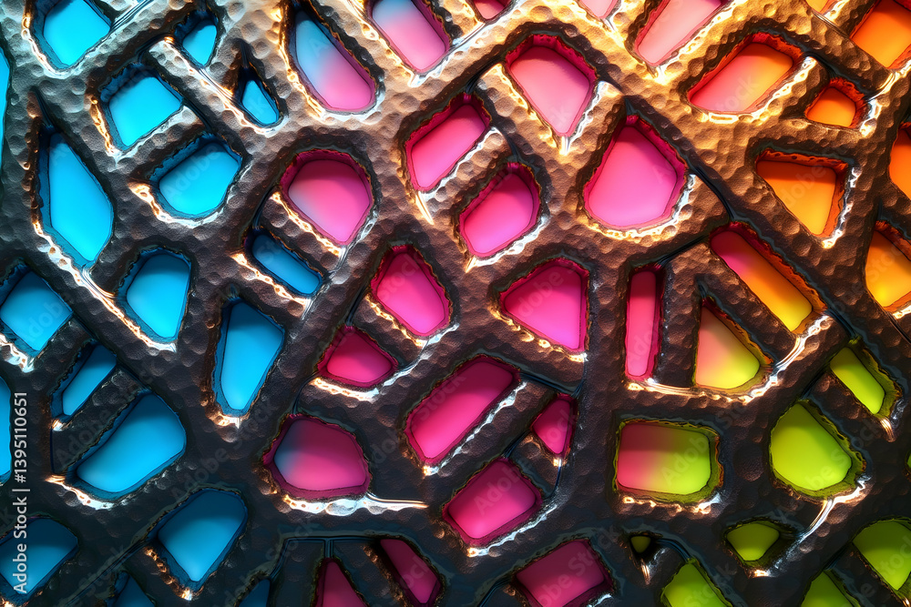 Poster intricate geometric composition, a symphony of interlocking shapes and vibrant colors creating a mes