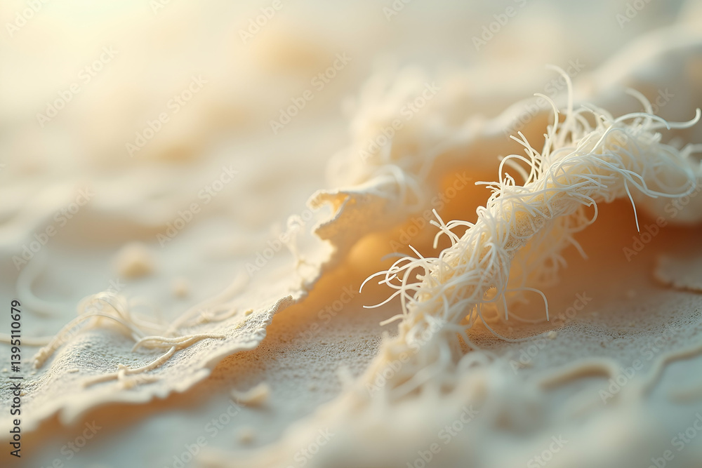 Poster intricate macro photograph revealing the delicate texture and fibrillar structure of a torn material