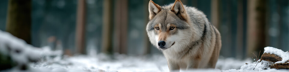 Fototapeta premium Majestic wolf observing its surroundings forest wildlife photography winter scene close-up view nature's beauty